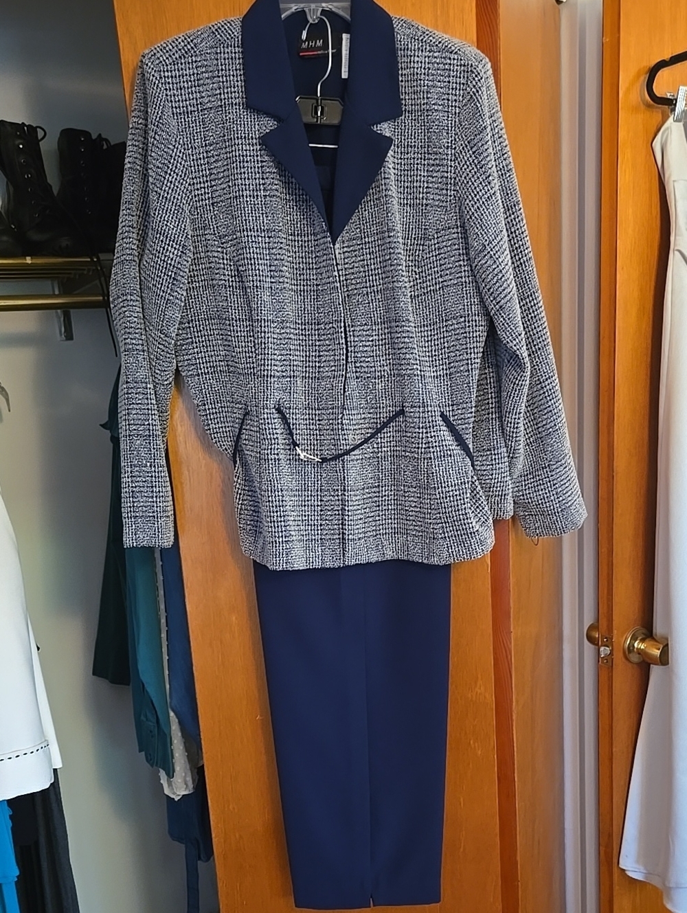 H&M Navy and White Tweed Blazer with Navy Pencil Skirt